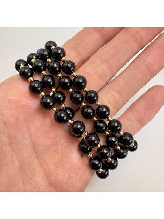 Black Onyx Vintage 7mm Alternating 10K Gold Bead Necklace No Clasp 20" Length - Picture 7 of 10